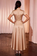 Gloria Champagne Modest Midi Dresses for Women | Chic High-Low Hem