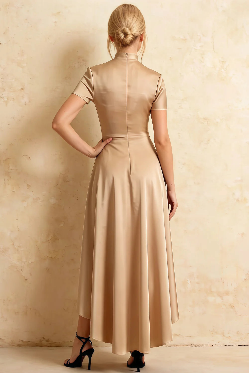 Gloria Champagne Modest Midi Dresses for Women | Chic High-Low Hem