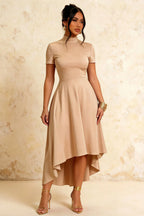 Gloria Champagne Modest Midi Dresses for Women | Chic High-Low Hem