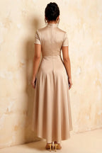 Gloria Champagne Modest Midi Dresses for Women | Chic High-Low Hem