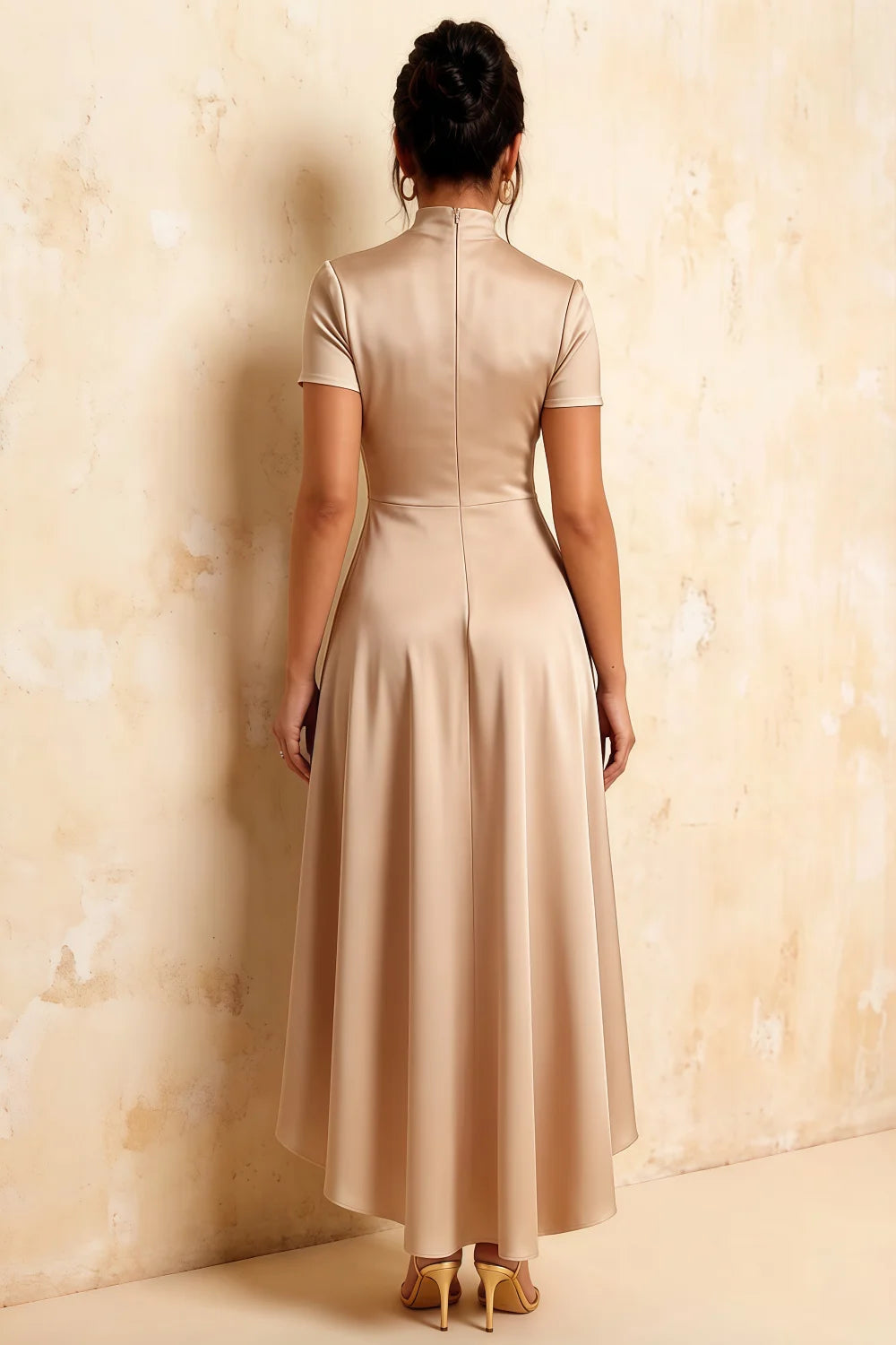 Gloria Champagne Modest Midi Dresses for Women | Chic High-Low Hem