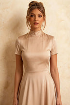 Gloria Champagne Modest Midi Dresses for Women | Chic High-Low Hem