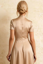 Gloria Champagne Modest Midi Dresses for Women | Chic High-Low Hem