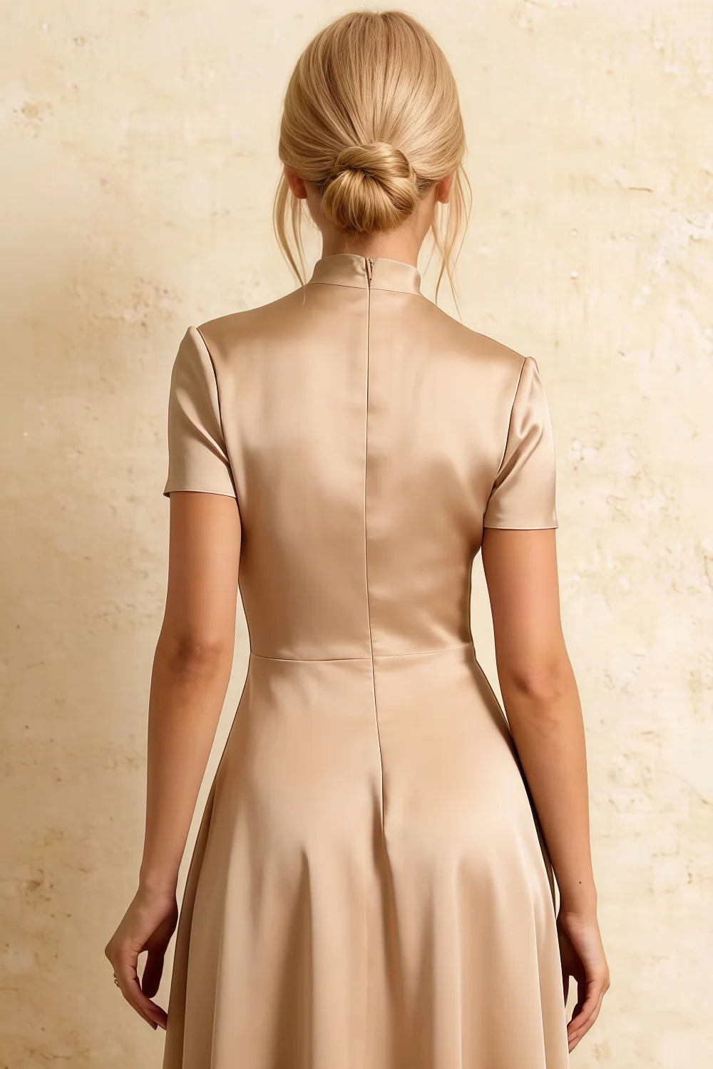 Gloria Champagne Modest Midi Dresses for Women | Chic High-Low Hem