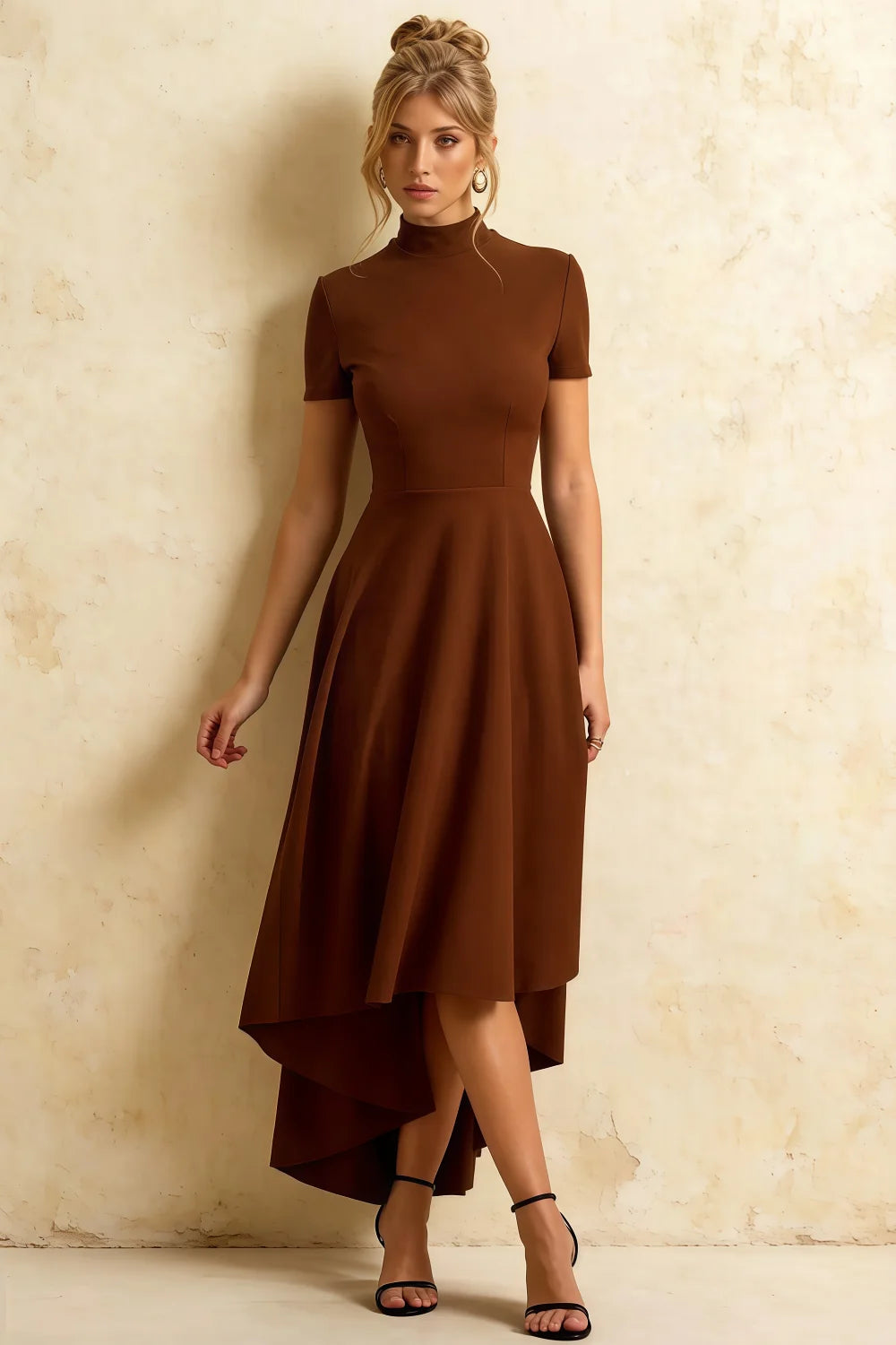 Gloria Coffee Modest Midi Dress for Women | Chic High Neck