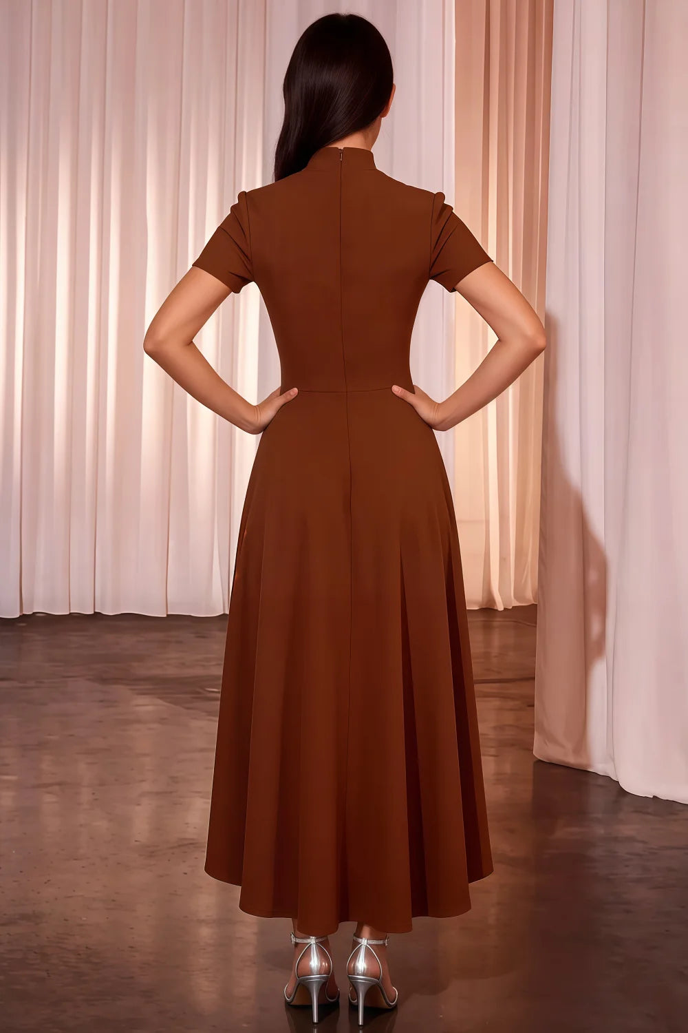 Gloria Coffee Modest Midi Dress for Women | Chic High Neck