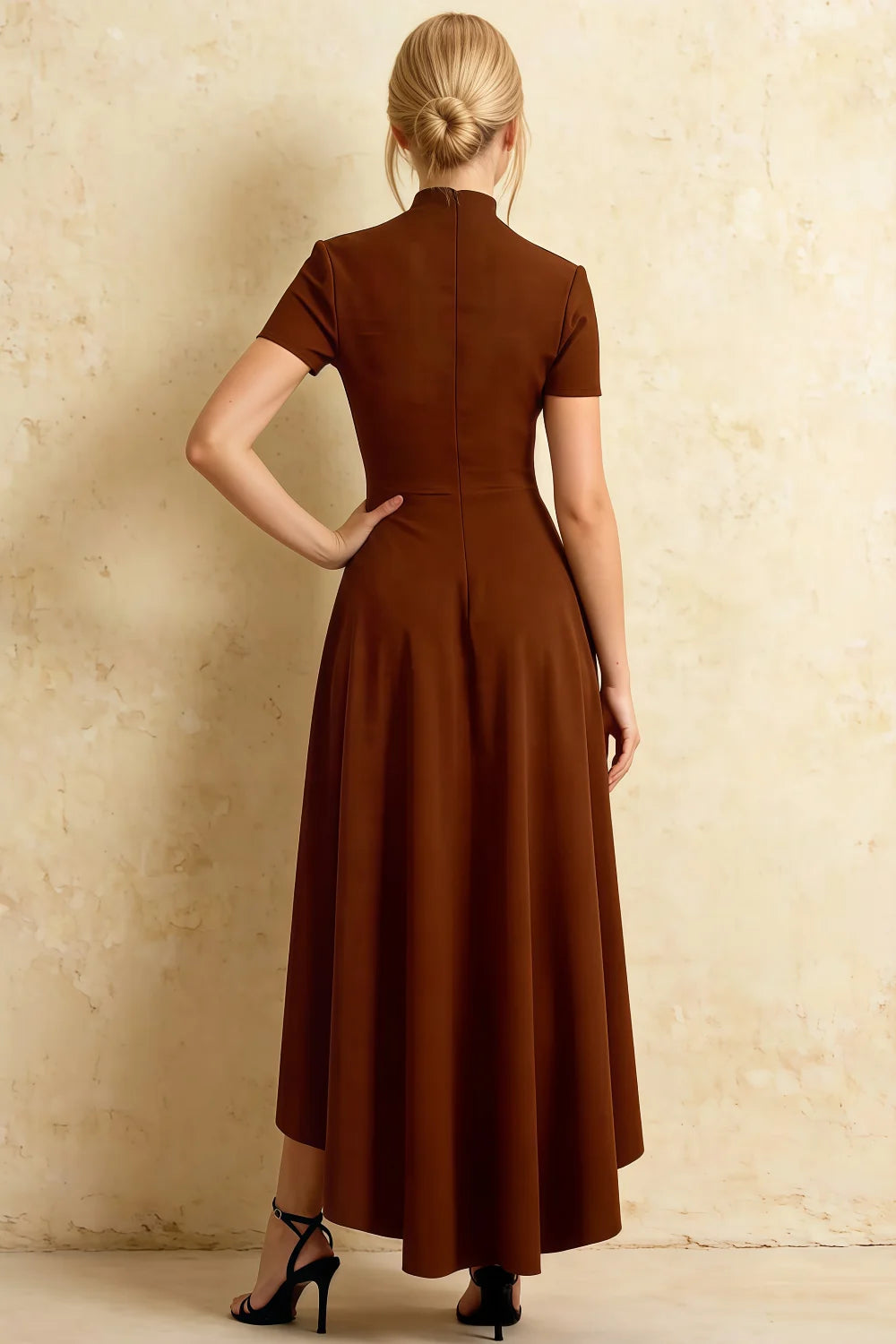 Gloria Coffee Modest Midi Dress for Women | Chic High Neck