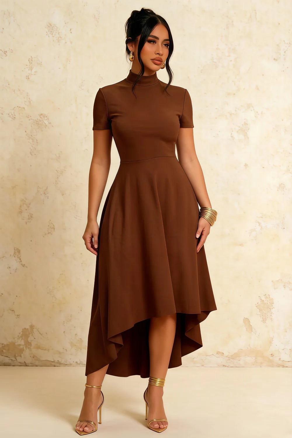 Gloria Coffee Modest Midi Dress for Women | Chic High Neck