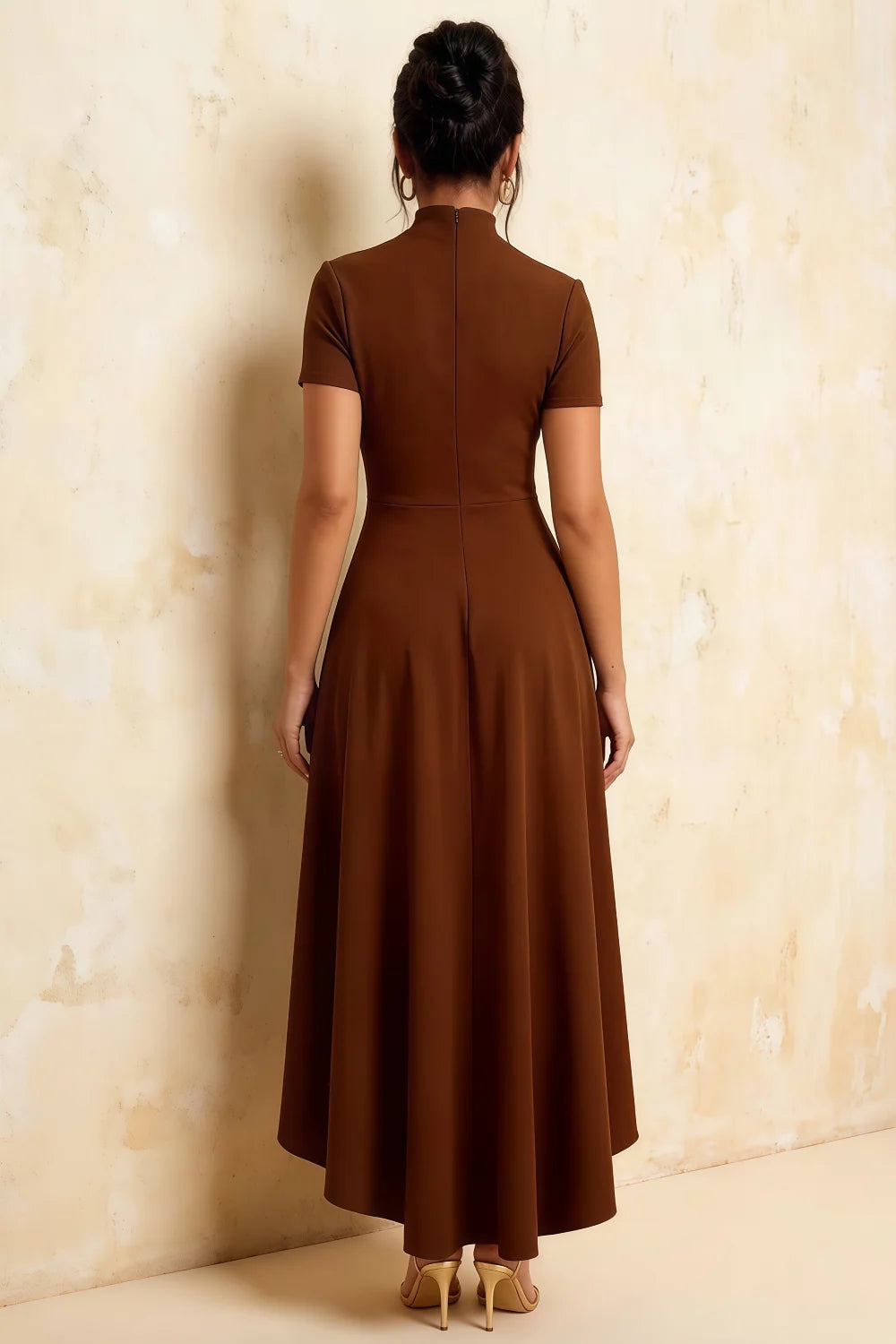 Gloria Coffee Modest Midi Dress for Women | Chic High Neck