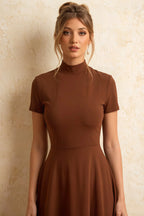 Gloria Coffee Modest Midi Dress for Women | Chic High Neck