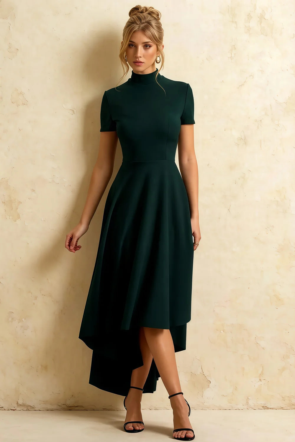 Gloria Emerald Green Midi Dresses | Modest High-Low Hemline