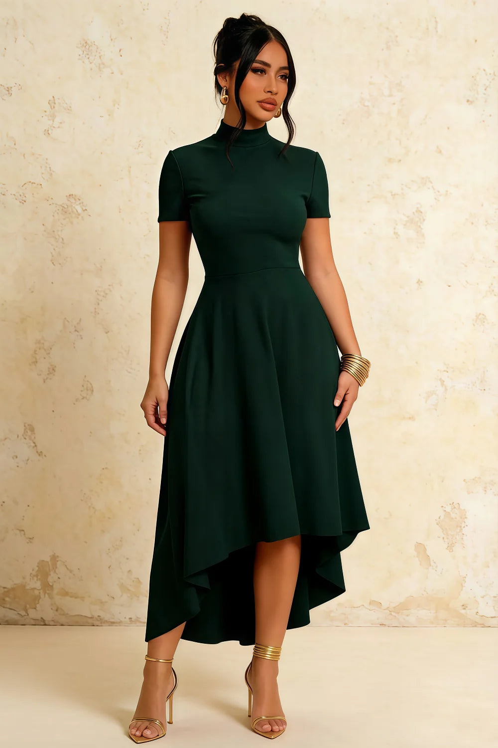 Gloria Emerald Green Midi Dresses | Modest High-Low Hemline