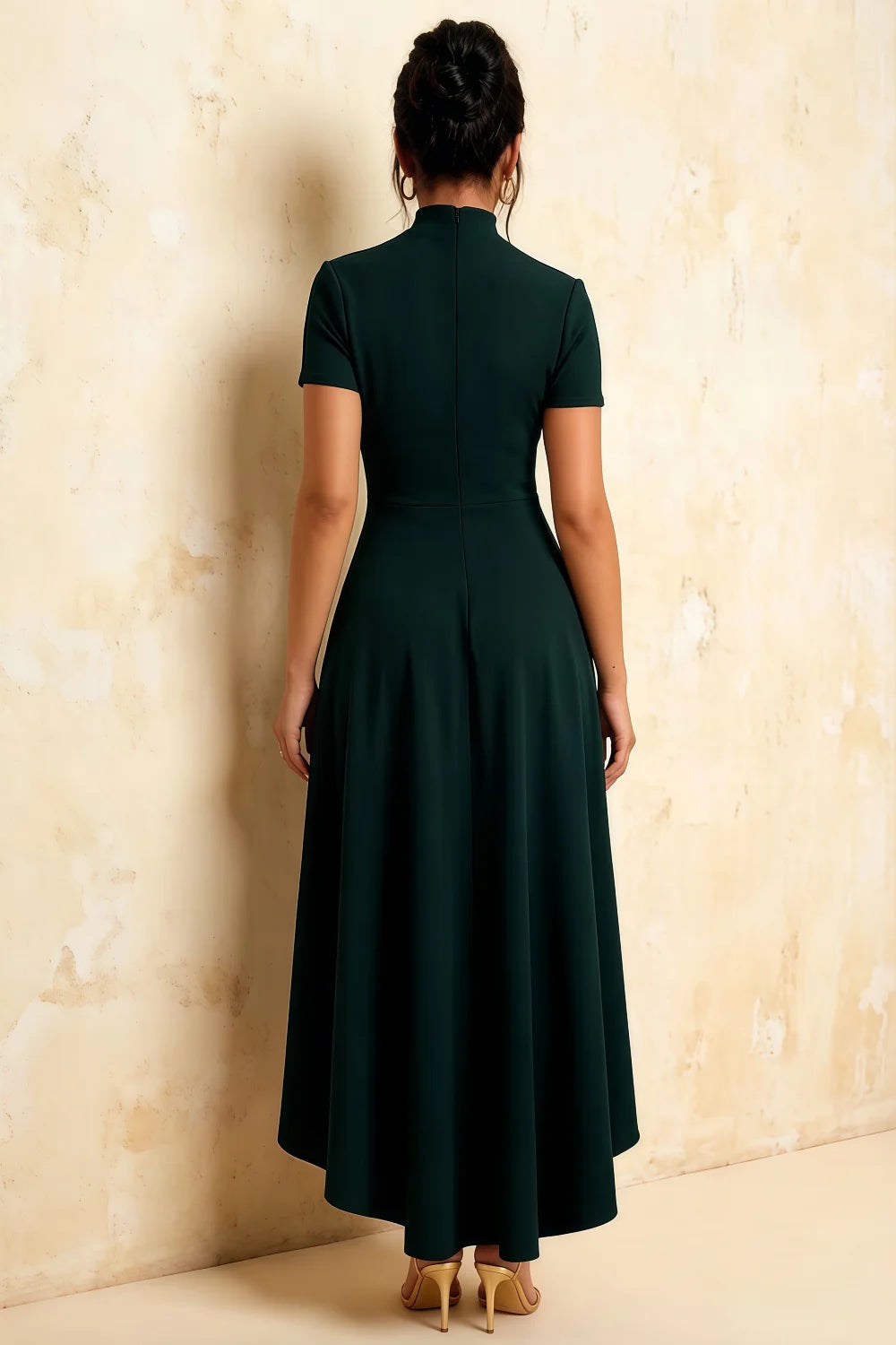 Gloria Emerald Green Midi Dresses | Modest High-Low Hemline
