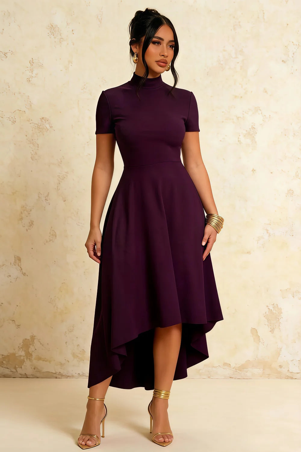 Gloria Grape Modest Midi Dresses with Sleeves