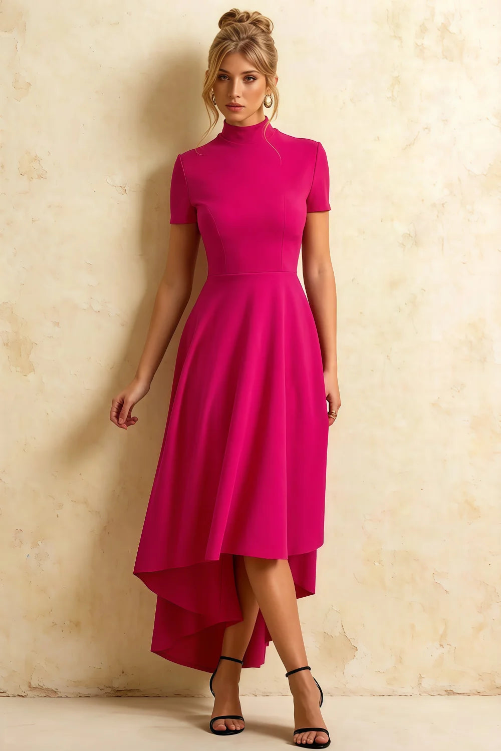 Gloria Hot Pink Midi Modest Dresses | Elegant High-Low Main image