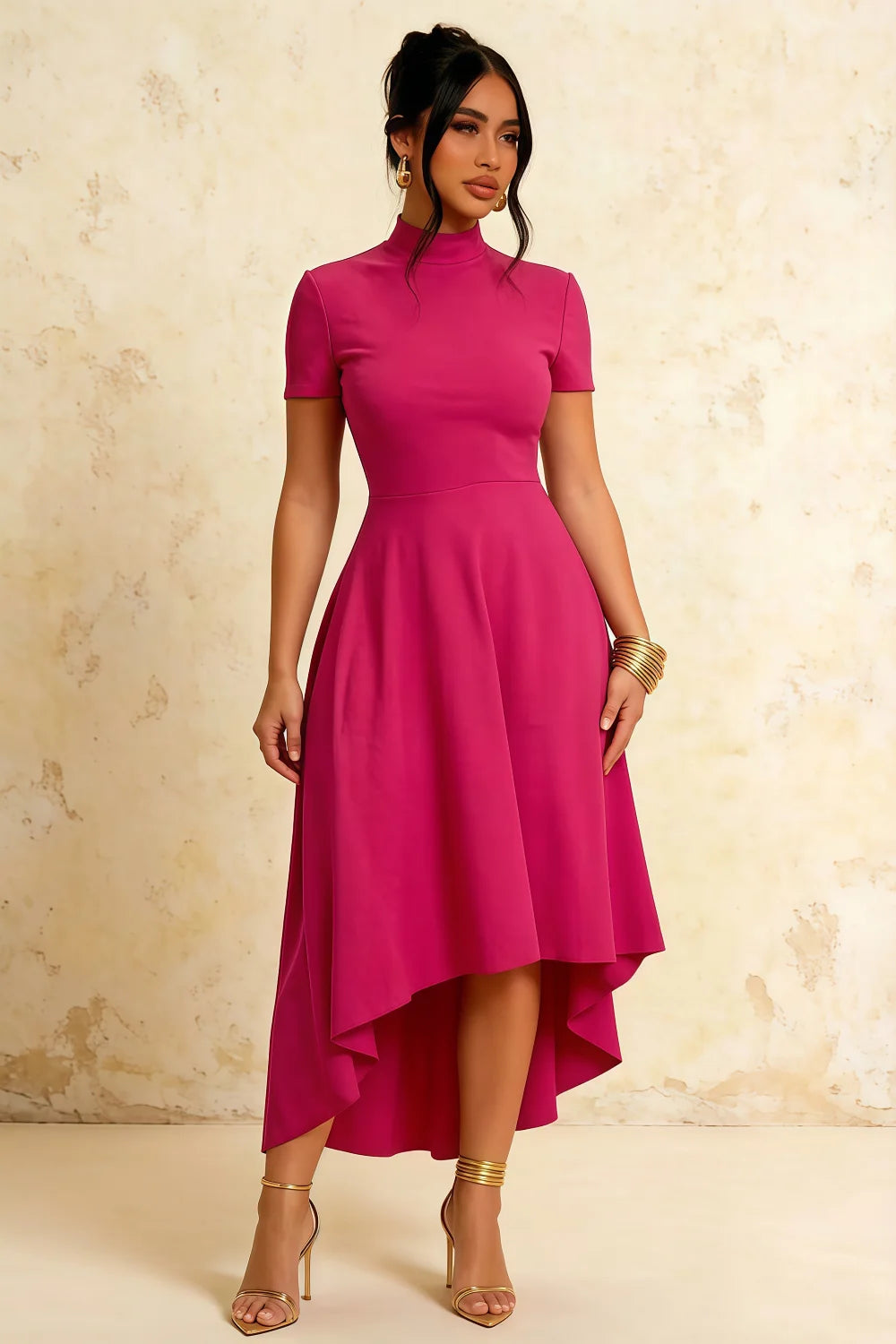 Gloria Hot Pink Midi Modest Dresses | Elegant High-Low