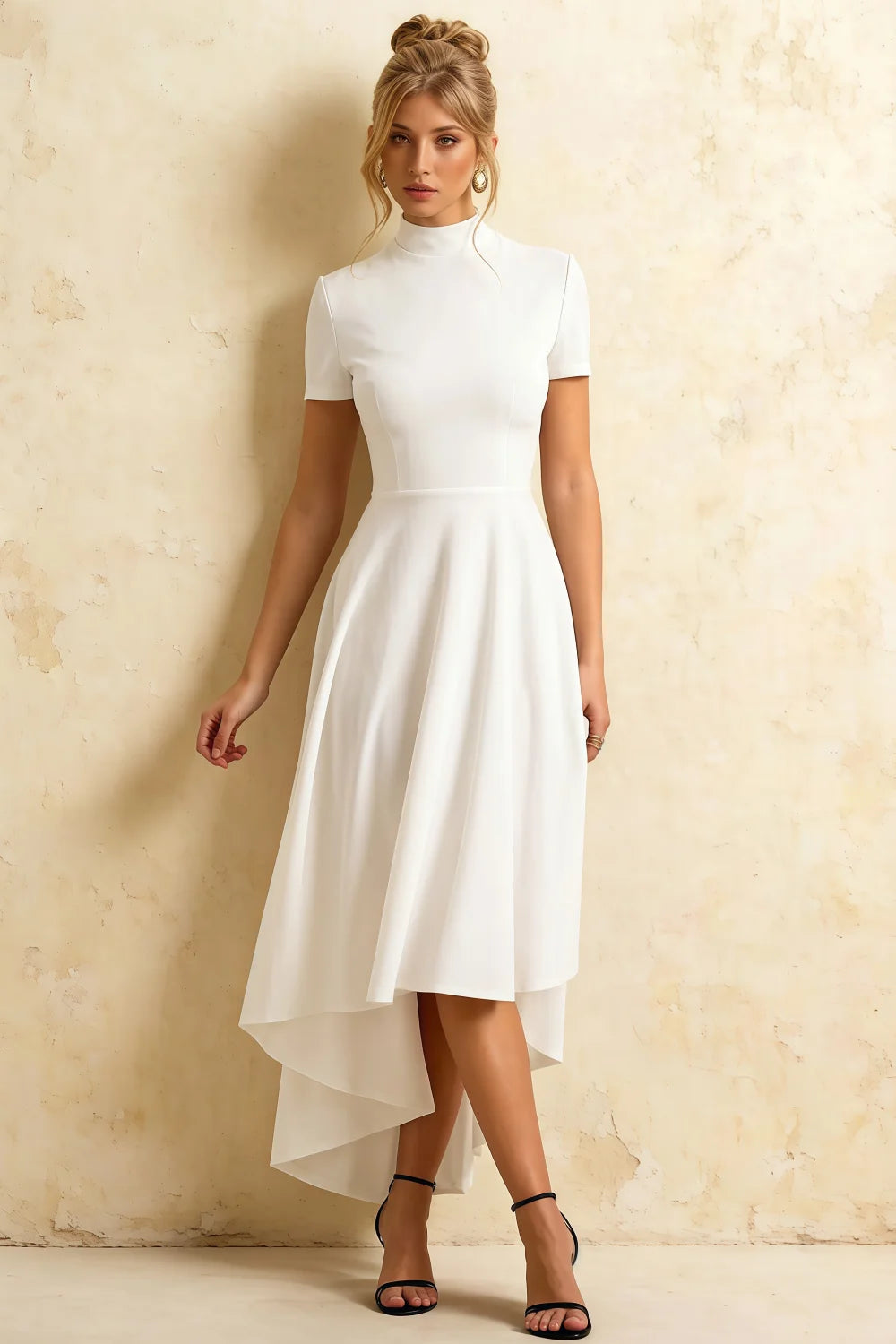 Gloria Modest White Midi Dress | High-Low Elegant Party Dress Main image