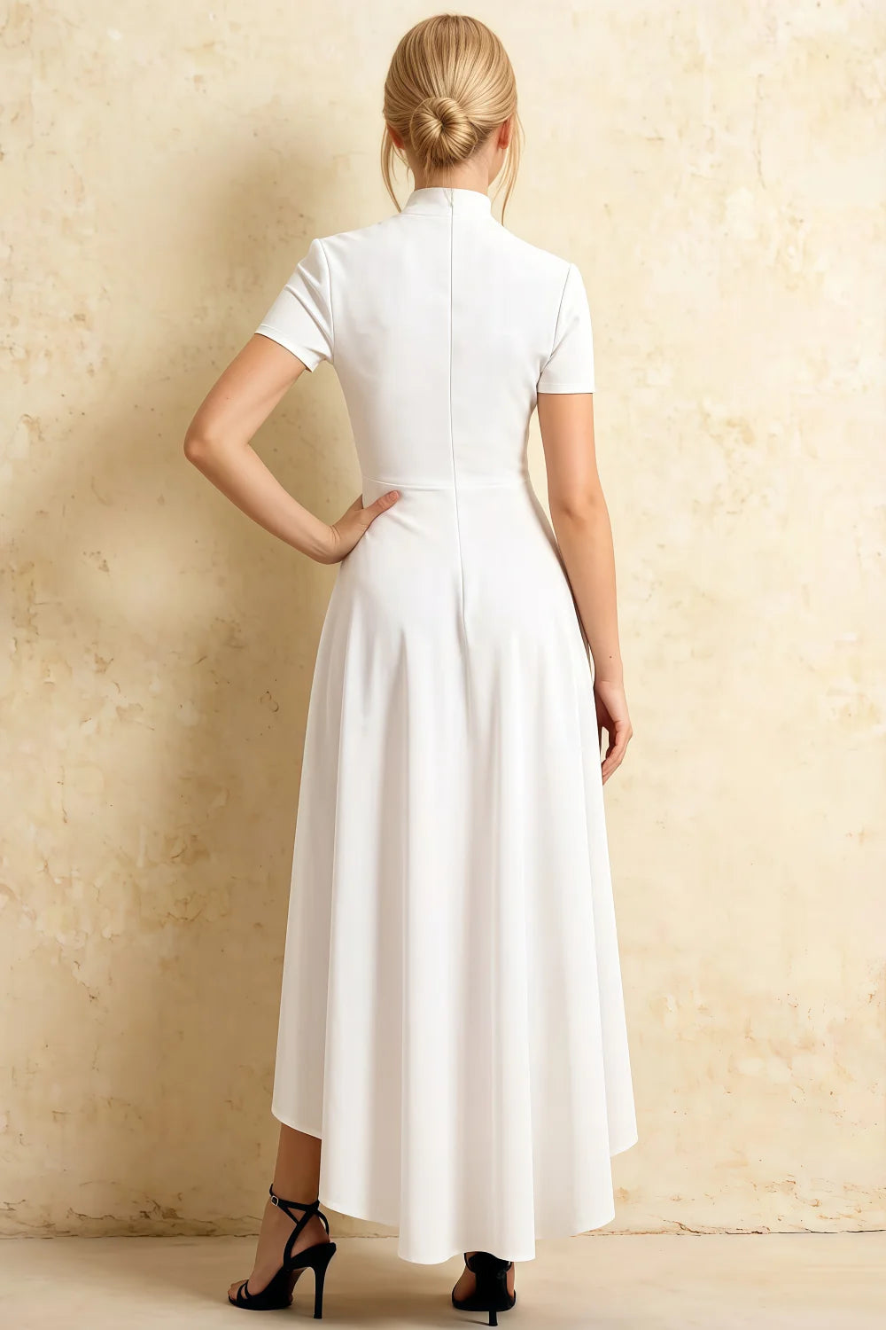 Gloria Modest White Midi Dress | High-Low Elegant Party Dress