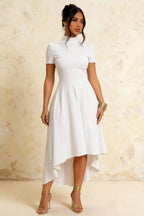 Gloria Modest White Midi Dress | High-Low Elegant Party Dress