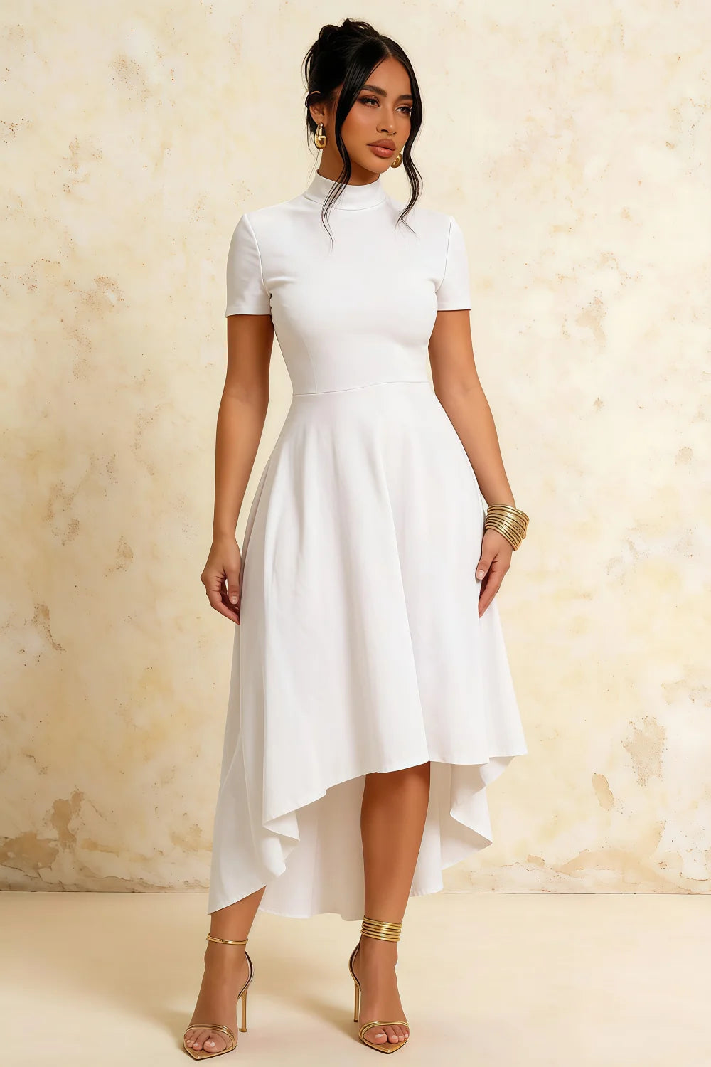 Gloria Modest White Midi Dress | High-Low Elegant Party Dress