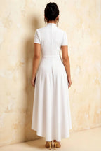 Gloria Modest White Midi Dress | High-Low Elegant Party Dress
