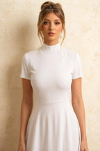 Gloria Modest White Midi Dress | High-Low Elegant Party Dress