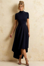 Gloria Navy High-Low Modest Midi Dress with Sleeves