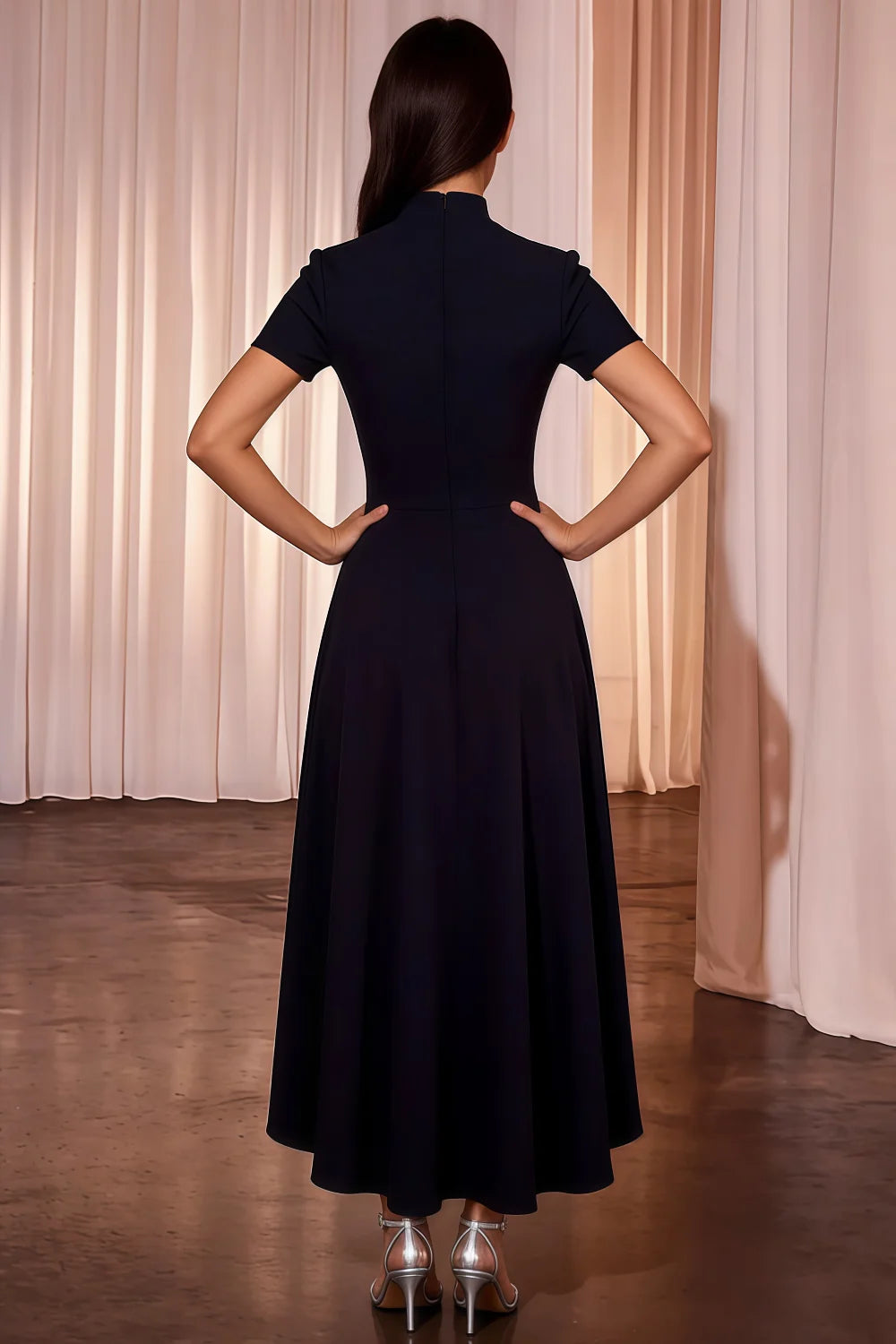 Gloria Navy High-Low Modest Midi Dress with Sleeves