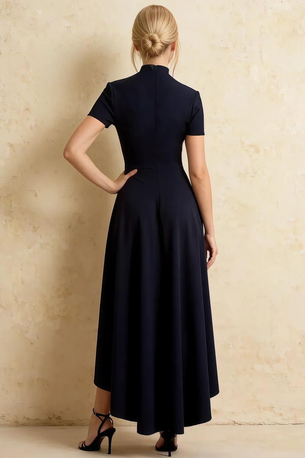 Gloria Navy High-Low Modest Midi Dress with Sleeves