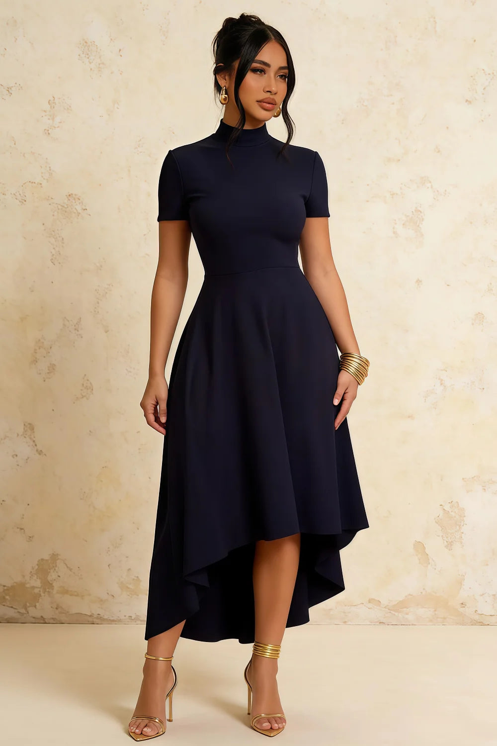 Gloria Navy High-Low Modest Midi Dress with Sleeves