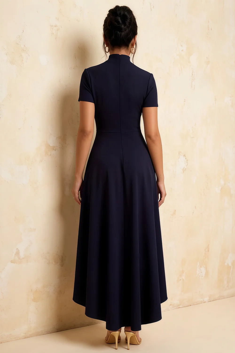 Gloria Navy High-Low Modest Midi Dress with Sleeves