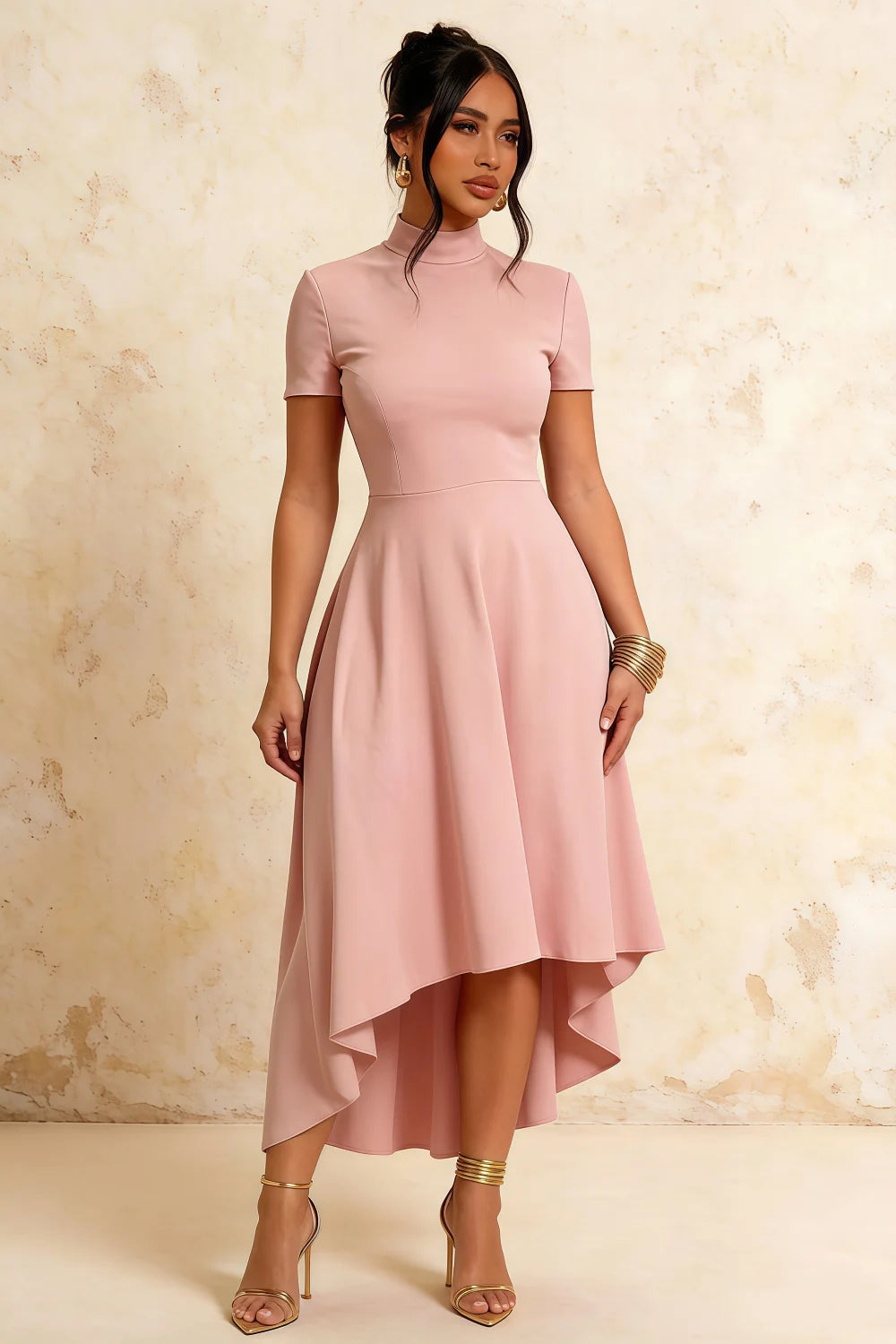 Gloria Pink Modest Midi Dresses Formal | Elegant High-Low Hem