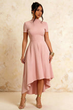 Gloria Pink Modest Midi Dresses Formal | Elegant High-Low Hem