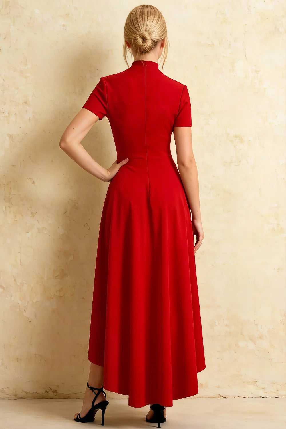 Gloria Red Modest Dresses Midi | Chic High-Low Evening Gown