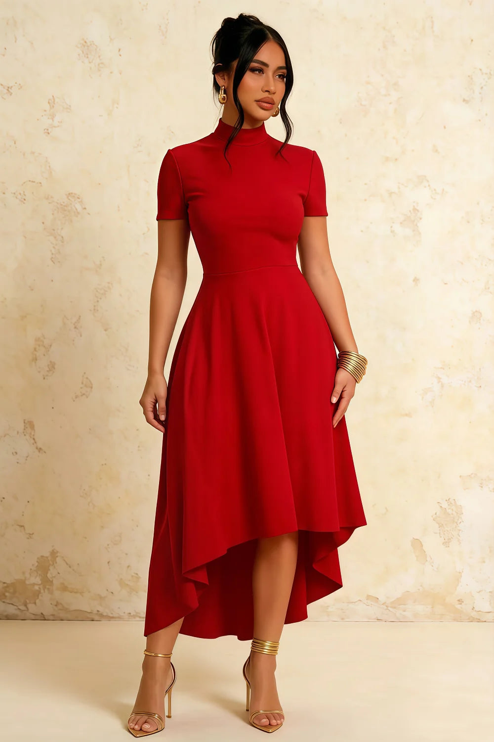 Gloria Red Modest Dresses Midi | Chic High-Low Evening Gown