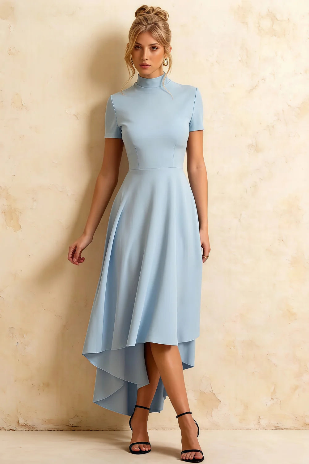 Gloria Sky Blue Modest Midi Length Dresses | Elegant High-Low Hem