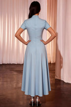 Gloria Sky Blue Modest Midi Length Dresses | Elegant High-Low Hem