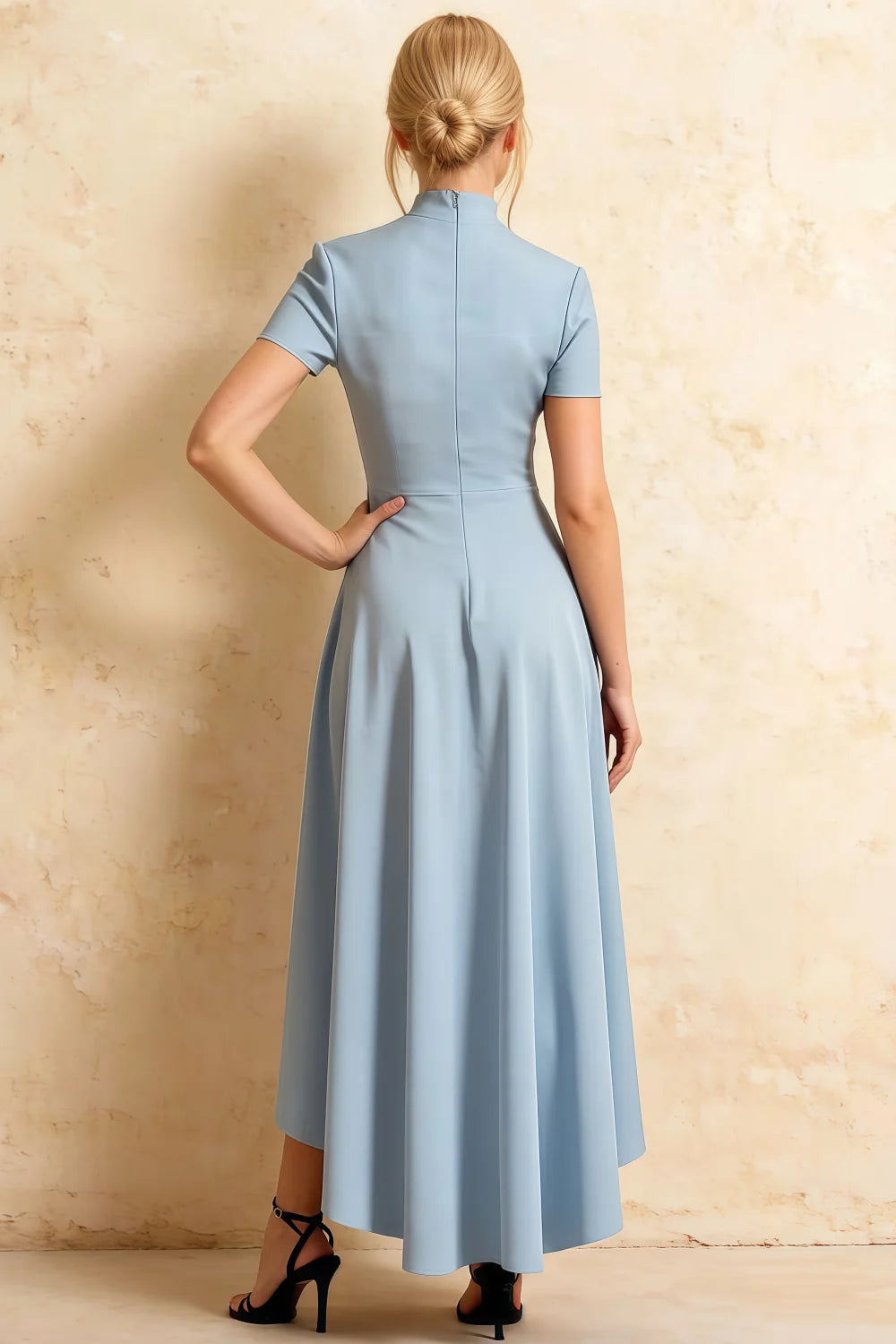 Gloria Sky Blue Modest Midi Length Dresses | Elegant High-Low Hem