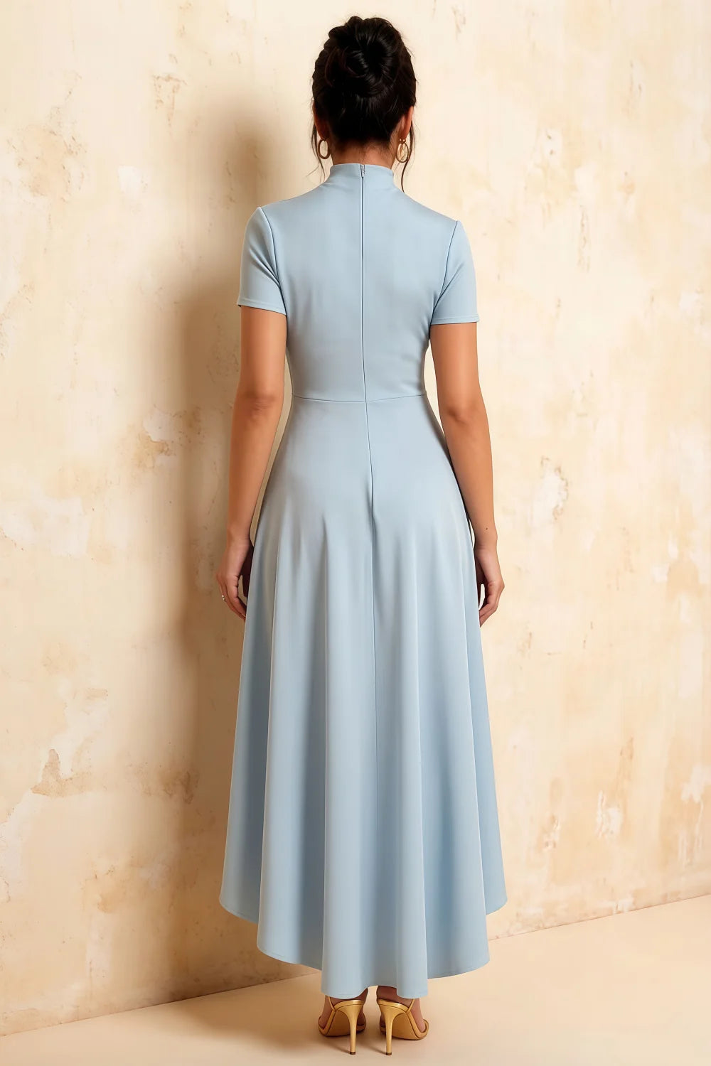 Gloria Sky Blue Modest Midi Length Dresses | Elegant High-Low Hem