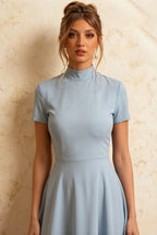 Gloria Sky Blue Modest Midi Length Dresses | Elegant High-Low Hem
