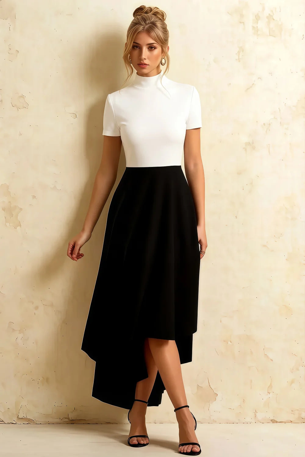 Gloria White and Black Modest Midi Summer Dresses | Chic High-Low Main image