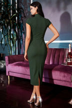 Grace Dark Green Midi Dress Short Sleeve | Elegant Cut-Out Neck