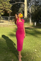 Grace Fuchsia Short Sleeve Midi Dress | Elegant Cutout Bodycon