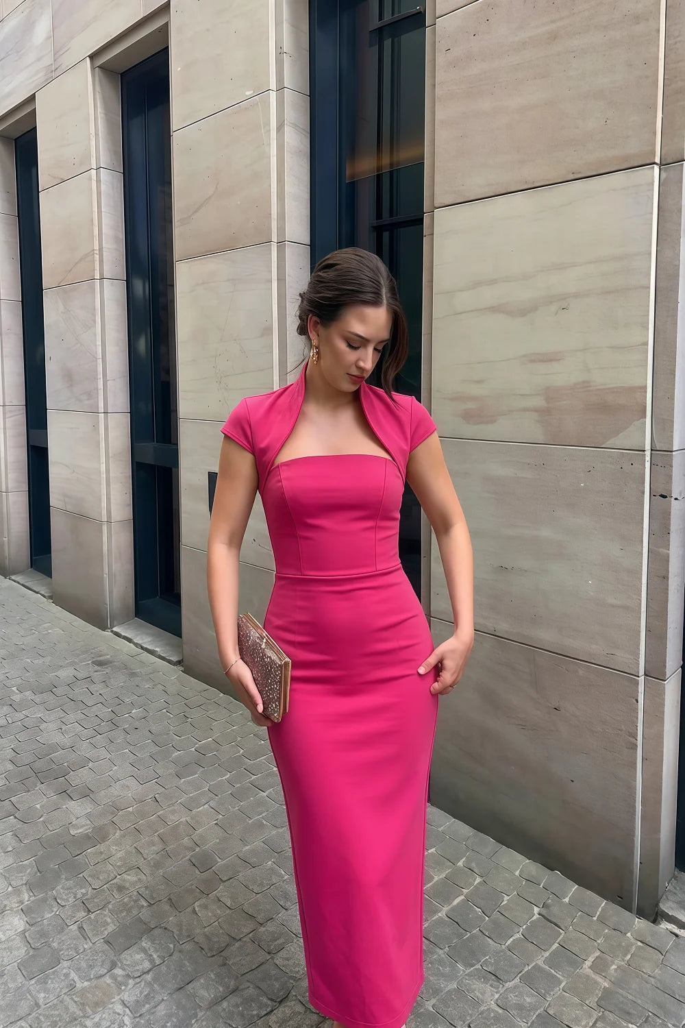 Grace Fuchsia Short Sleeve Midi Dress | Elegant Cutout Bodycon