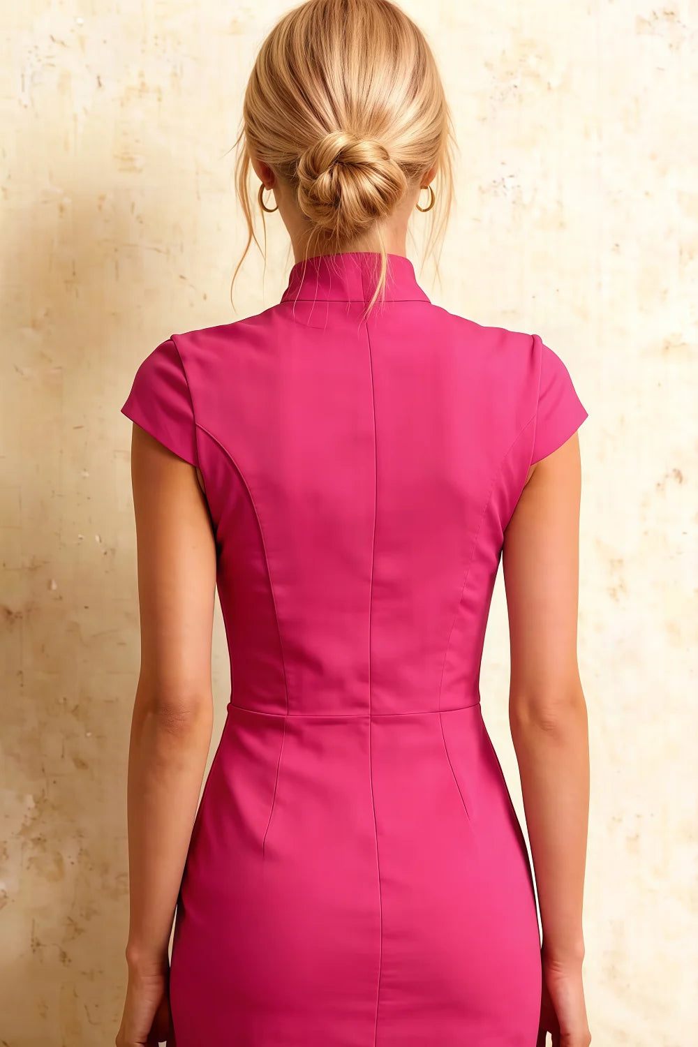 Grace Fuchsia Short Sleeve Midi Dress | Elegant Cutout Bodycon