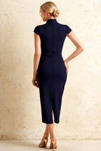 Grace Navy Scuba Crepe Cut-Out Midi Dresses with Short Sleeves