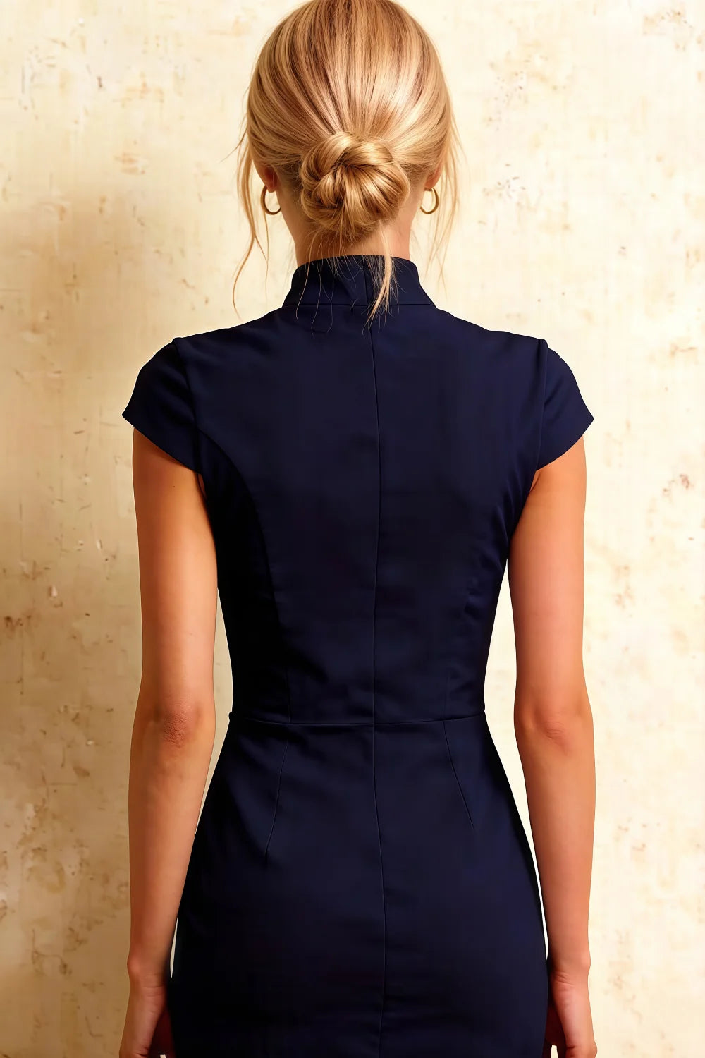 Grace Navy Scuba Crepe Cut-Out Midi Dresses with Short Sleeves