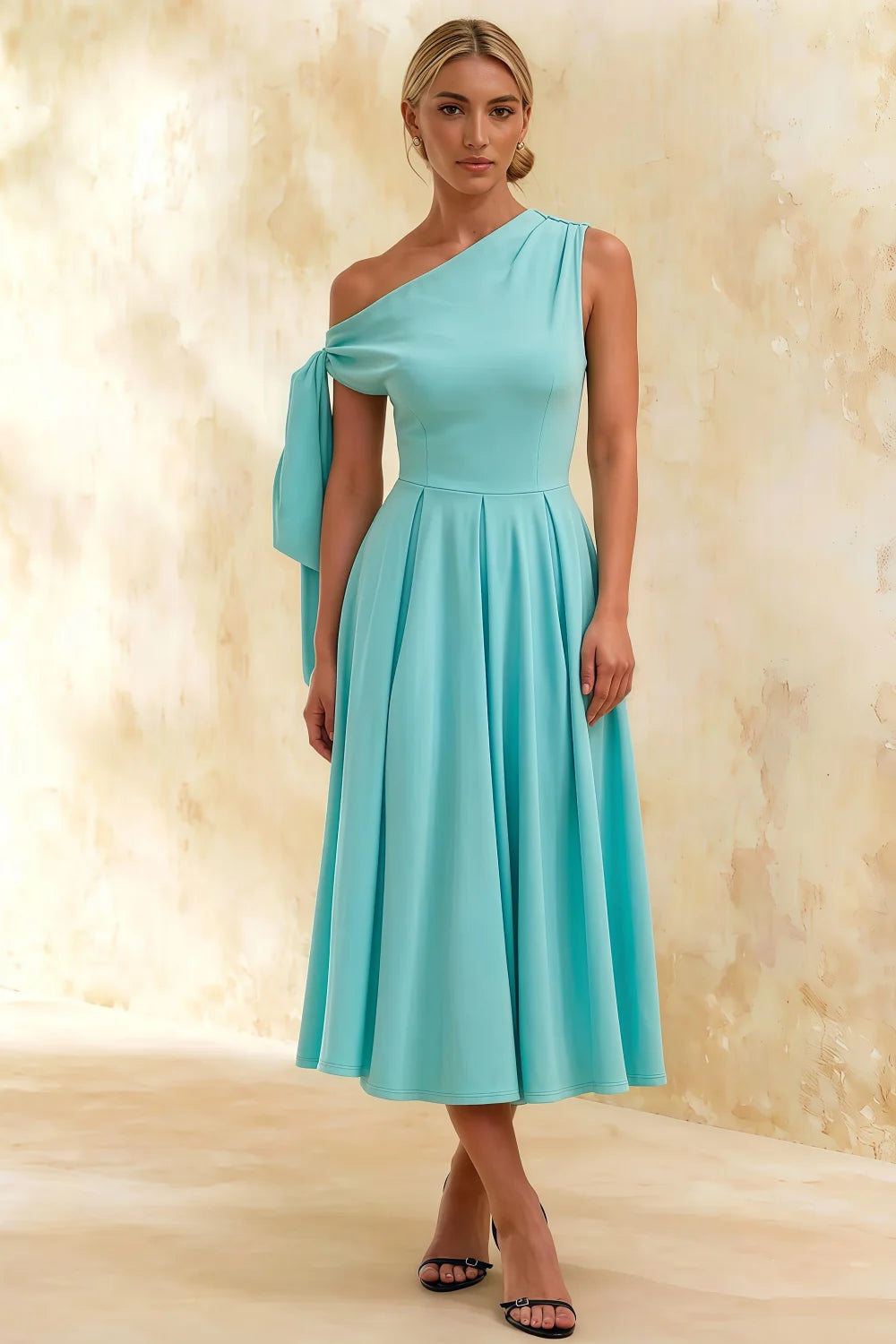 Gracie Aqua One Shoulder Midi Dress with Knot Detail Main image