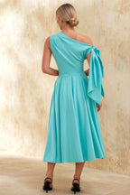 Gracie Aqua One Shoulder Midi Dress with Knot Detail