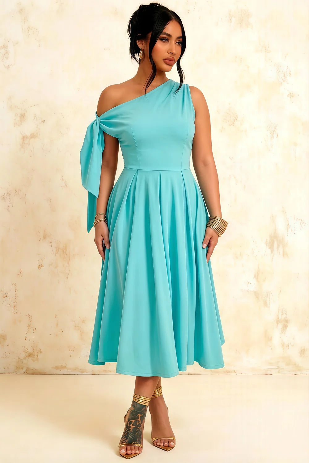 Gracie Aqua One Shoulder Midi Dress with Knot Detail